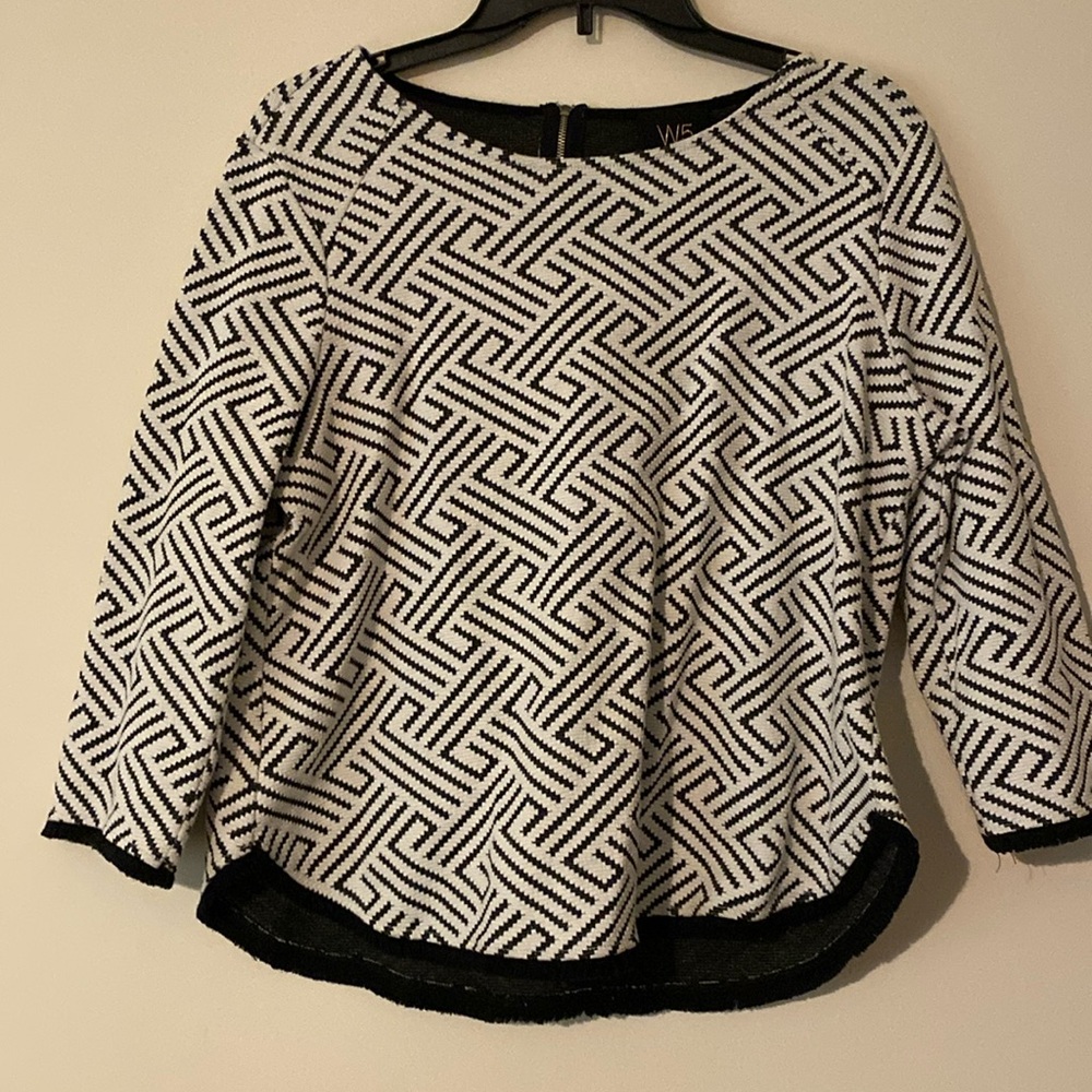 Women’s Anthropologie W5 woven top fringe trim, black white geometric Sz medium
